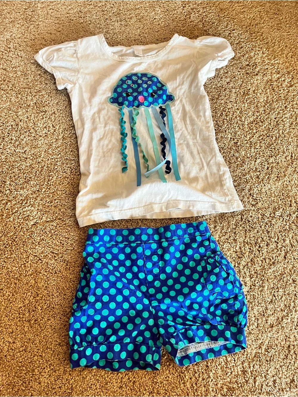 Girls White Jellyfish Tee and Blue Polka Dot Shorts set